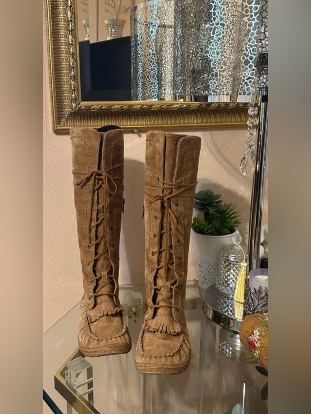 UGG Somaya Tall Chestnut Moccasin Suede Leather Lace-Up Fringe Boots Size 8